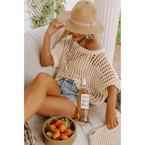 Womens Summer Crochet Coverup Knit Top Short Sleeve Beachwear Casual Lightweight - Picture 3 of 5